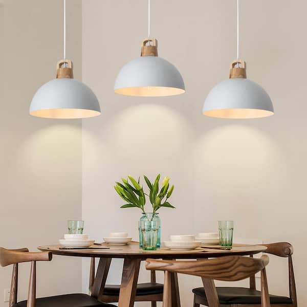 3-Light White Dome Pendant Light Hanging Ceiling Chandelier with Metal Cover for Kitchen Island