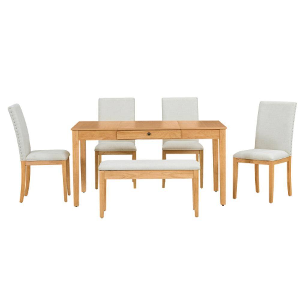 Natural 6-Piece Wood Storage Table with Drawer Upholstered Chair and Storag