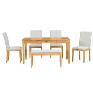 Natural 6-Piece Wood Storage Table with Drawer Upholstered Chair and Storage Bench Outdoor Dining Set with Beige Cushion
