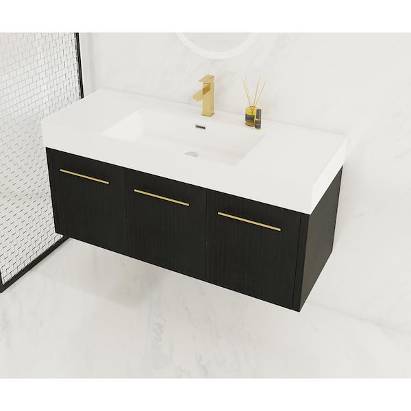 47.3 in. W x 18.1 in. D x 22.4 in. H Wall Mounted Bath Vanity in Black with White Cultured Marble Top