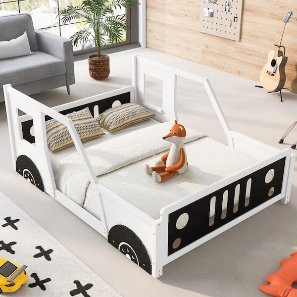 Polibi White Wood Frame Full Size Classic Car-Shaped Platform Bed with Wheels