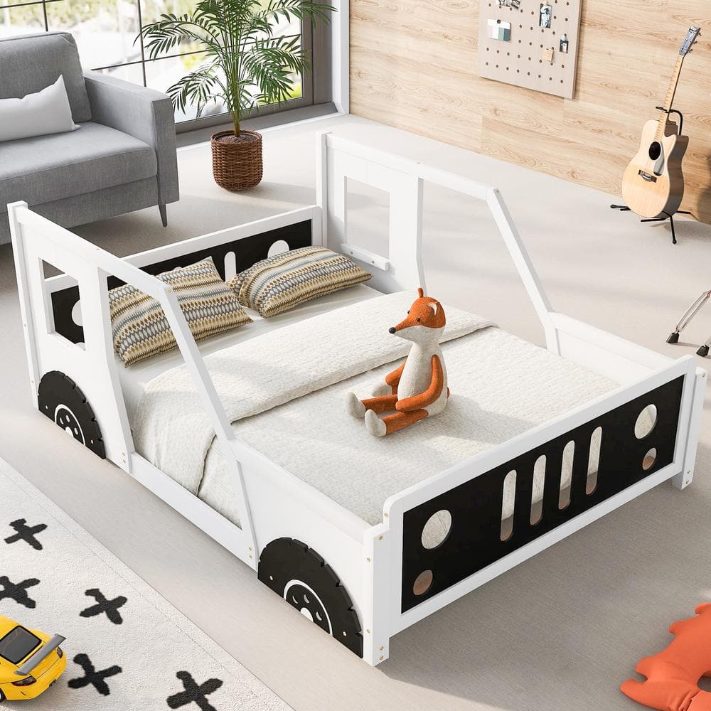 Polibi White Wood Frame Full Size Classic Car-Shaped Platform Bed With ...