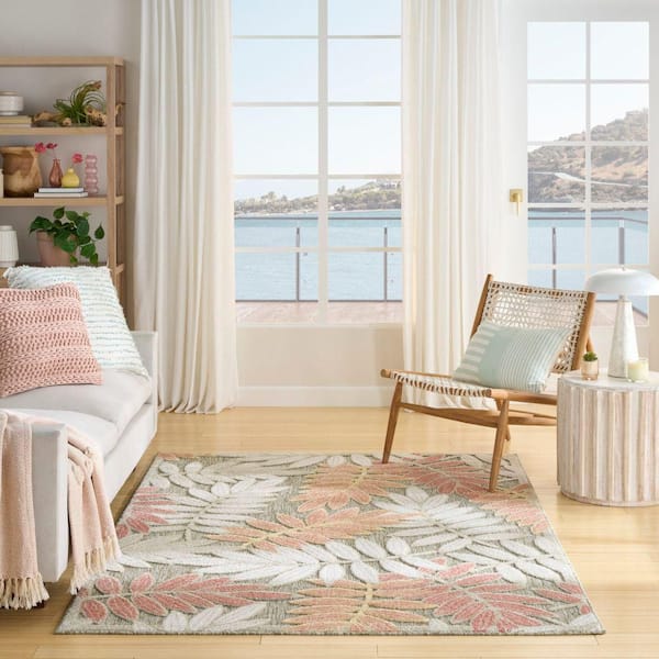 Aloha Sage Rose 5 ft. x 8 ft. Botanical Contemporary Indoor/Outdoor Area Rug