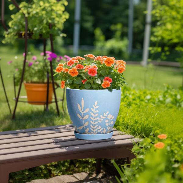 OGETFUUR Blue Ceramic Planter with Drainage and Saucer, Decorative