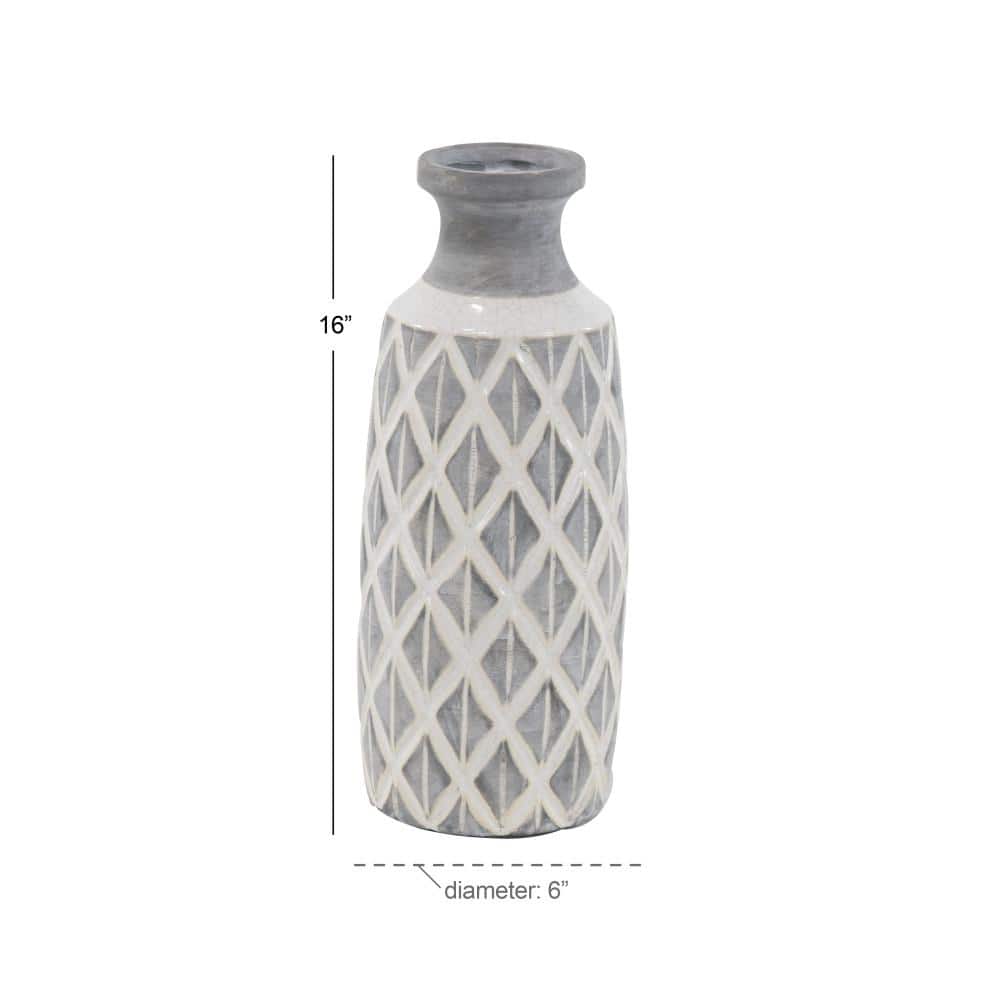 Gray Ceramic Coastal Round Table Vase with Diamond Pattern