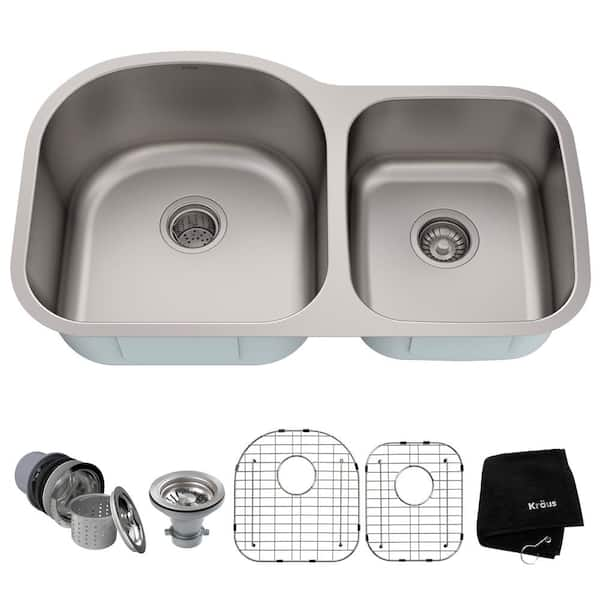 KRAUS Premier Stainless Steel 35 in. 60/40 Double Bowl Undermount Kitchen Sink