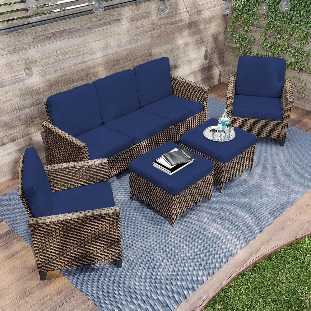 5-Piece Brown Wicker Patio Set with Blue Cushions