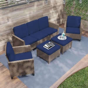 5-Piece Wicker Patio Conversation Set with Blue Cushions, 3-Seater Sofa, Lounge Chair, and Ottoman