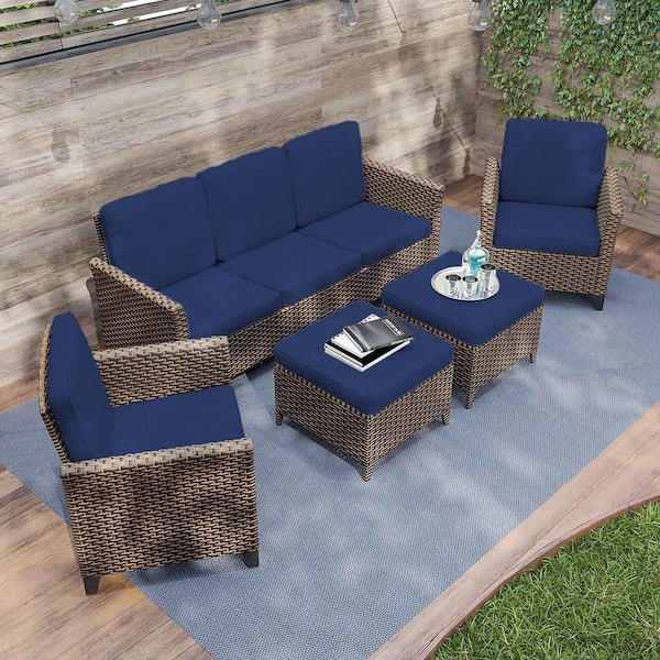 INMITOM 5-Piece Wicker Patio Conversation Set with Blue Cushions, 3-Seater Sofa, Lounge Chair, and Ottoman