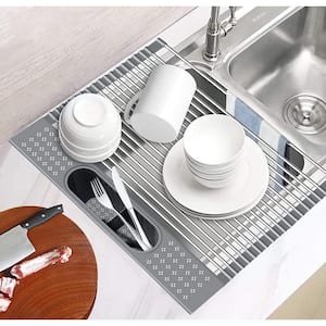 Cozy Block Stainless Steel Gray Foldable Drying Dish Rack with Detachable Utensil Holder