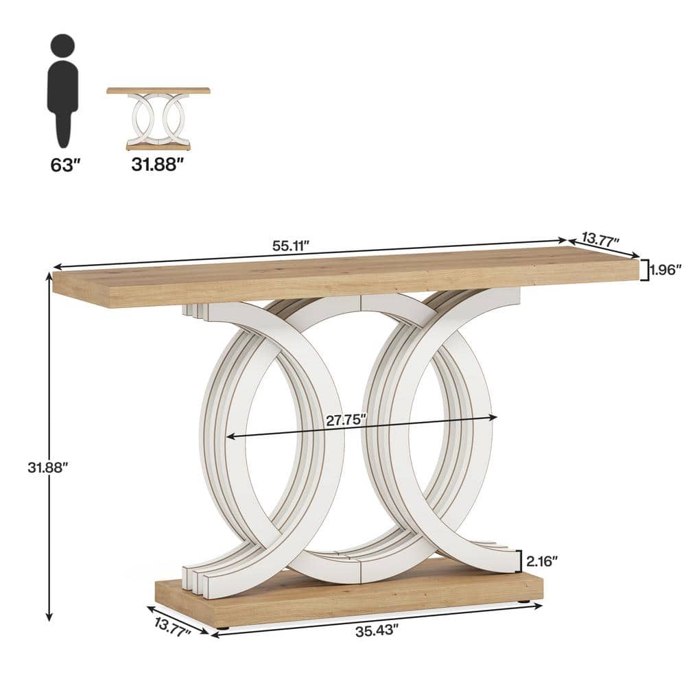 White and Natural Wood 55" Console Table with Geometric Base