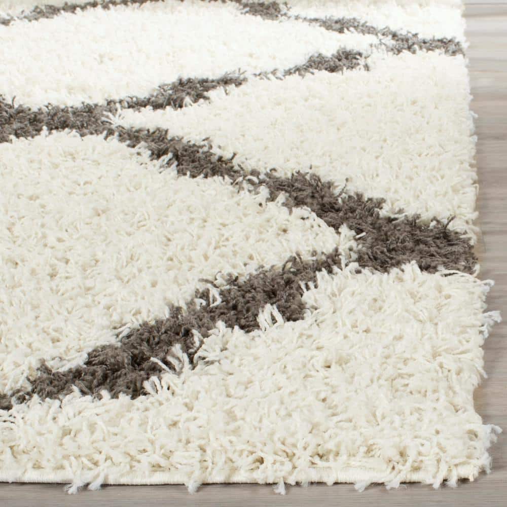 Ivory & Dark Grey Geometric Shag Square Rug, Easy Care Synthetic 6'x6'