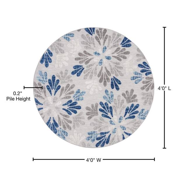 4' Round Blue And Gray Round Floral Indoor Outdoor Area Rug 4' Round Blue And Gray Round Floral Indoor Outdoor Area Rug