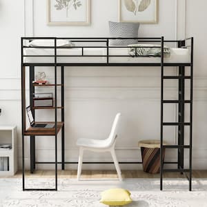 Black Twin Size Metal Loft Bed with 2-tier Shelves and one Desk, Twin Kids Metal Frame Loft Bed, Kids Loft Bed with Desk