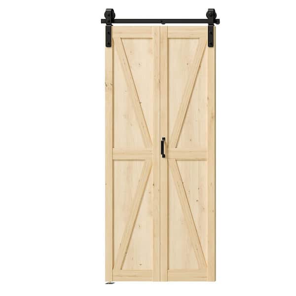 42 in. x 84 in. K-Shape Primed Pine Wood Bi-Fold Style Sliding Barn Door Slab with Hardware Kit Set