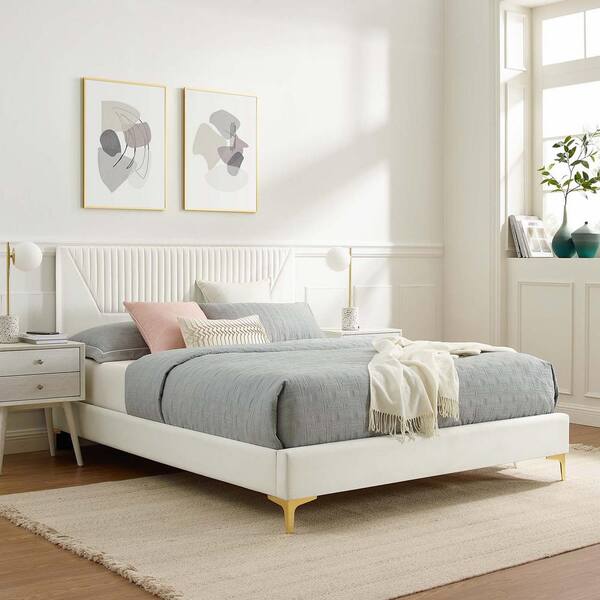 MODWAY Yasmine White Channel Tufted Performance Velvet Frame King Platform Bed MOD 7008 WHI