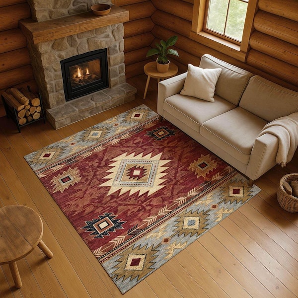 Mayfield Premium Machine Washable Abstract AMF1754 Paprika 8 ft. x 10 ft. Area Rug