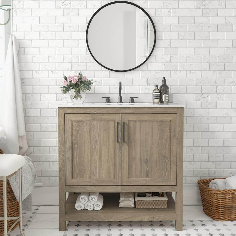 Carnegy Avenue 36 in. W x 19 in. D x 38 in. H Single Sink Freestanding Bath Vanity in Brown with White Stone Top