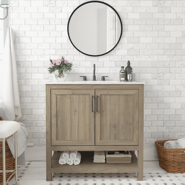 Vivien 36 in. Single Sink Freestanding Brown Bath Vanity with White Stone Top Assemble with Open Storage