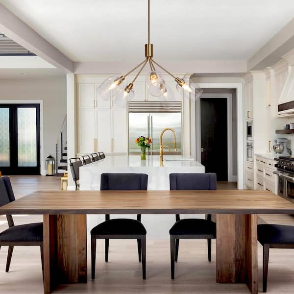 Transitional Sputnik Dining Room Chandelier 5-Light Goblet Black and Brass Foyer Chandelier with Clear Glass Shades