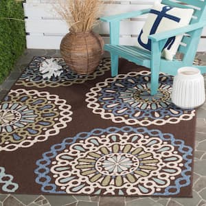 Veranda Chocolate/Blue Doormat 3 ft. x 3 ft. Geometric Floral Indoor/Outdoor Patio Square Area Rug
