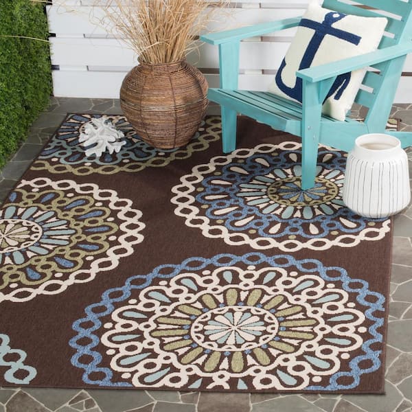 Veranda Chocolate/Blue 8 ft. x 11 ft. Floral Indoor/Outdoor Patio  Area Rug