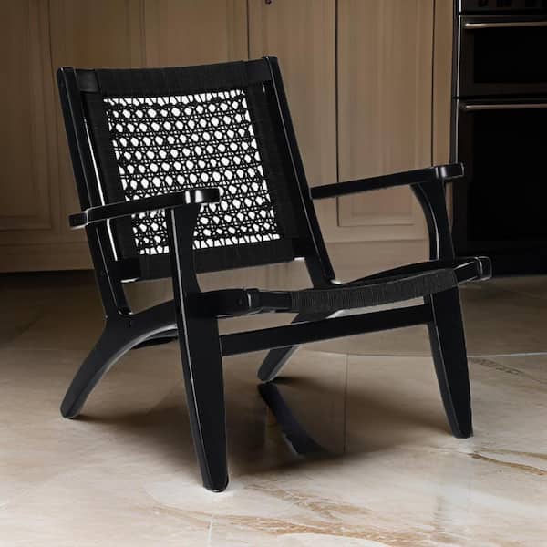 Benjara Black Wood Rope Woven Arm Chair with Specialty Shape