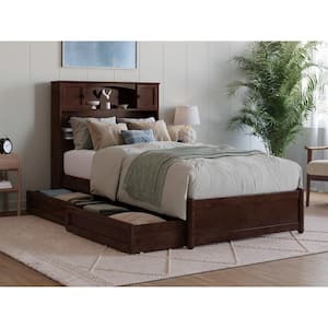 Hadley Walnut Brown Solid Wood Frame Twin XL Platform Bed with Panel Footboard and Storage Drawers