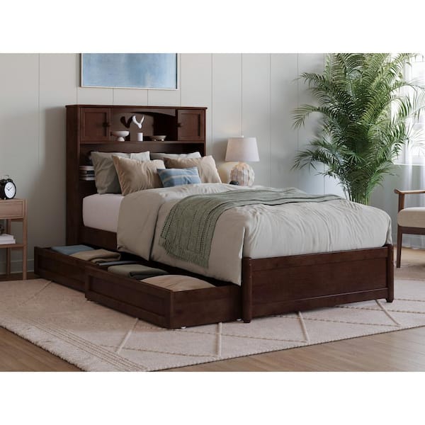 AFI Hadley Walnut Brown Solid Wood Frame Twin XL Platform Bed with Panel Footboard and Storage Drawers