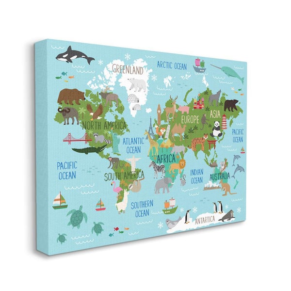 Stupell Industries "Kid's Animal World Map Favorite Regional Wildlife" by Lisa Whitebutton Unframed Print Animal Wall Art 16 in. x 20 in.