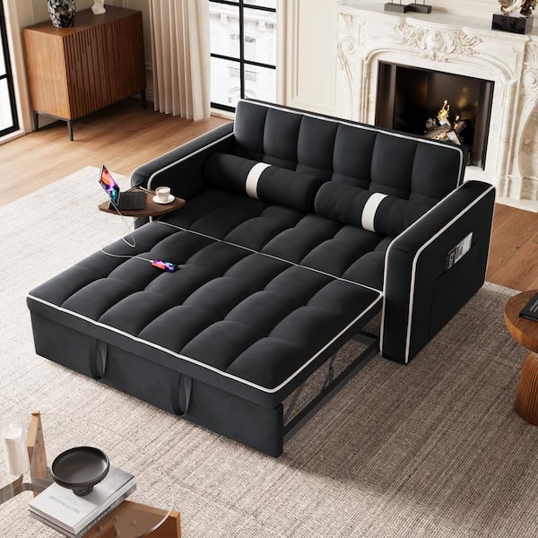 JASIWAY 33.1 in. Black Folding Technological Velvet Sofa Bed J-WP2340K ...