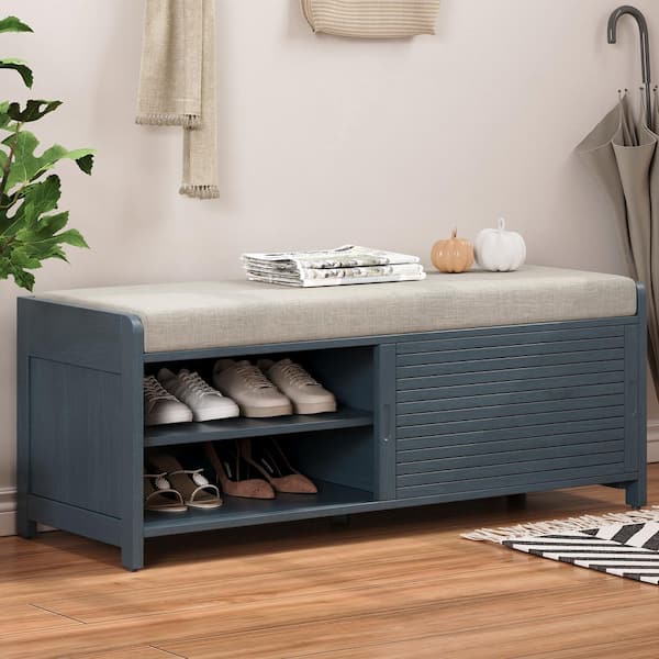 16.5 in. H x 43.3 in. W Navy Blue MDF Shoe Storage Bench with Light Gray Cushion and Shutter Door