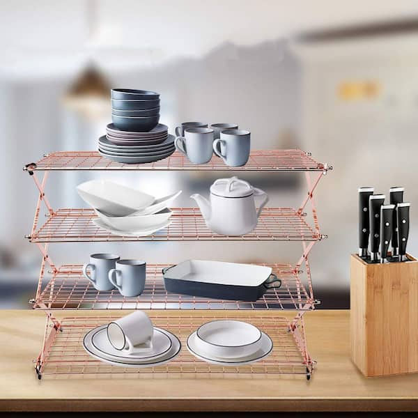 Collapsible 4-Tier Rose Gold Cooling Rack, Stackable Roasting Cooking Drying Wire Cooling Rack for Cookies Baking