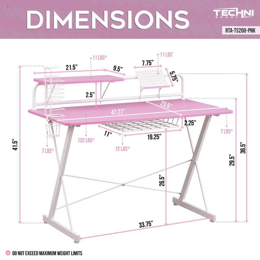 Techni Sport Dual Monitor Carbon Fiber Gaming Desk with Cup Holder - Pink