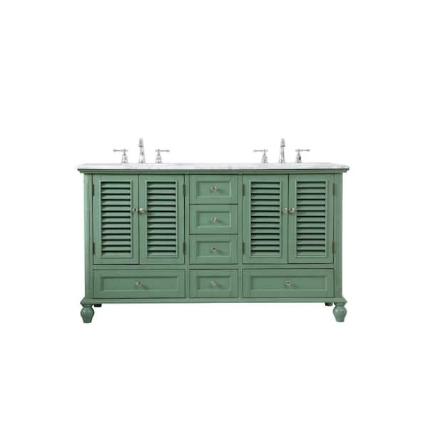 Unbranded Simply Living 60 in. Double Bathroom Vanity in Vintage Mint with Marble Vanity Top in Carrara White