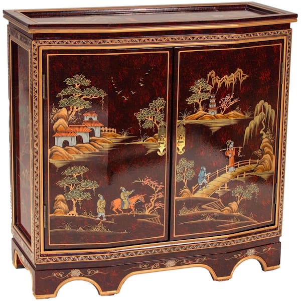 Red Lacquer Landscape 32 in. Sideboard