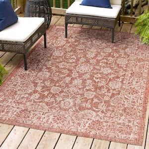 Tela Bohemian Red/Taupe 3 ft. 1 in. x 5 ft. Textured Weave Floral Indoor/Outdoor Area Rug