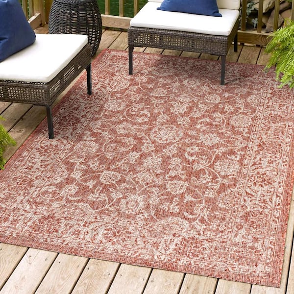 Tela Bohemian Textured Weave Floral Red/Taupe 9 ft. x 12 ft. Indoor/Outdoor Area Rug