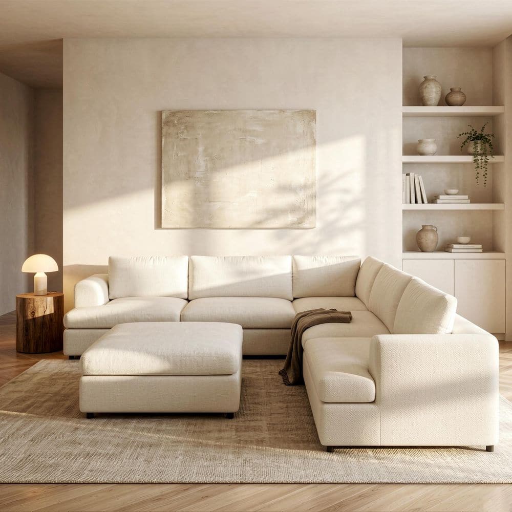 118 in. Flared Arm 6-Piece Boucle Fabric Modular Sectional Sofa Corner Cloud Couch with Washable Covers,Ottoman in Beige