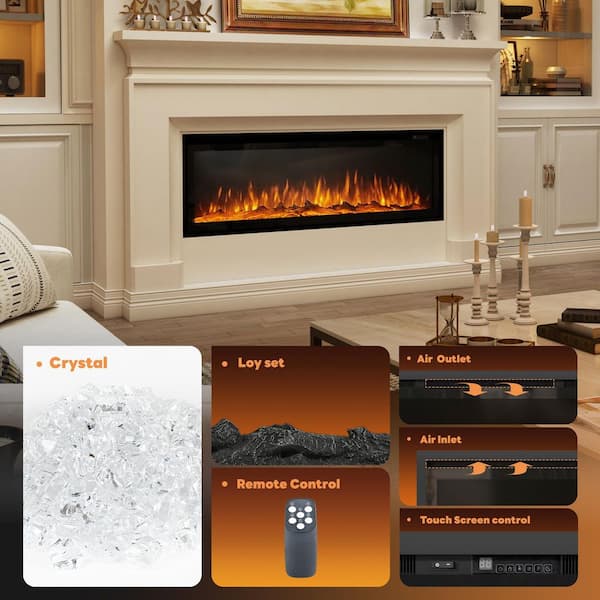 60-Inch Electric Fireplace Wall Mount With Remote – Adjustable Flame & Timer, Black - View #2