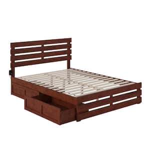 Oxford Walnut Queen Solid Wood Storage Platform Bed with Footboard and USB Turbo Charger with 2 Extra Long Drawers