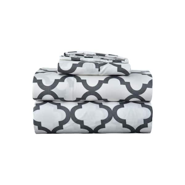 3-Piece White and Charcoal Novelty Microfiber Twin XL Sheet Set