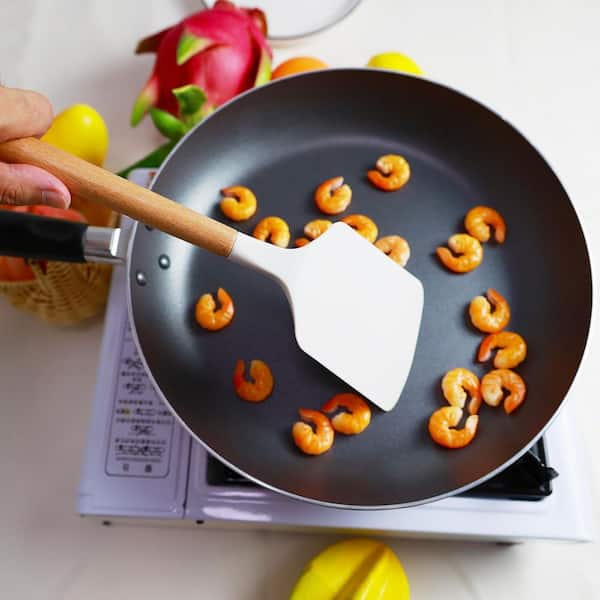 White Silicone Spatula Set Heat Resistant Kitchen Utensils for Nonstick Cookware Wide Turner with Wood Handle 2-Pack