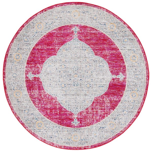 Montage Rose/Gray 7 ft. x 7 ft. Distressed Traditional Indoor/Outdoor Round Area Rug