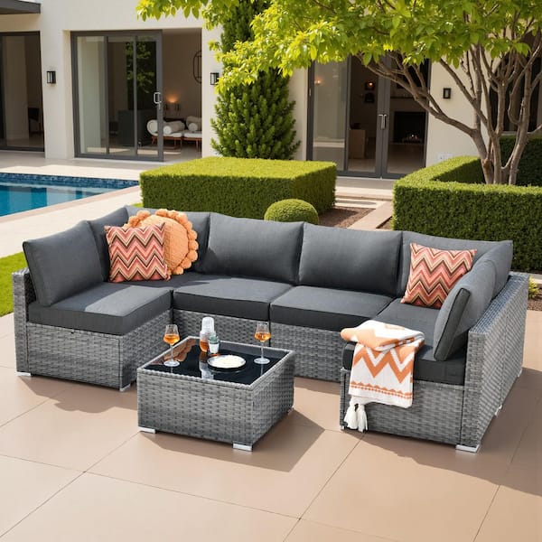 Elora Gray 7‑Piece Wicker Outdoor Patio Conversation Set with Black Cushions Ideal for Backyard, Deck, or Garden