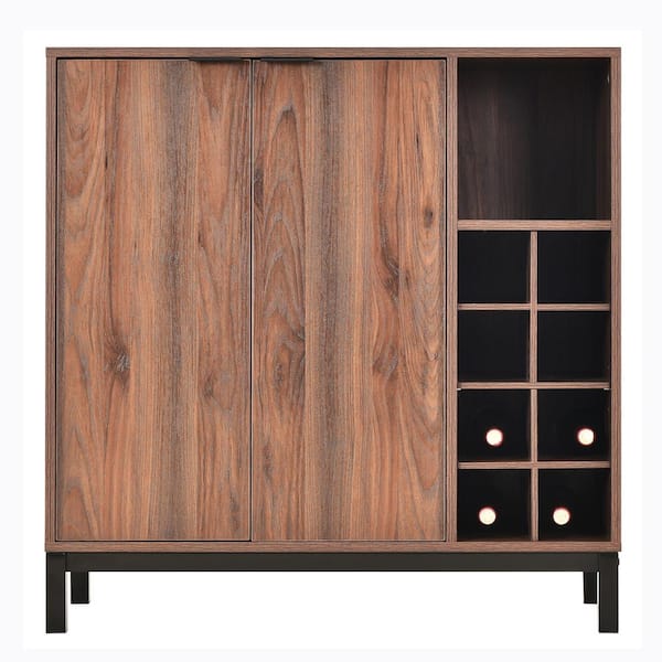 FAMYYT Dark Brown Wood 34 in. Kitchen Island with Shelfs and Wine Racks