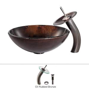 Pluto Glass Vessel Sink in Brown with Waterfall Faucet in Oil Rubbed Bronze