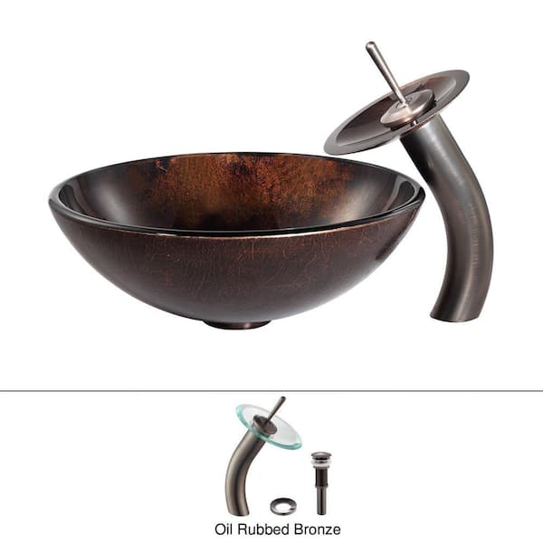 KRAUS Pluto Glass Vessel Sink in Brown with Waterfall Faucet in Oil Rubbed Bronze