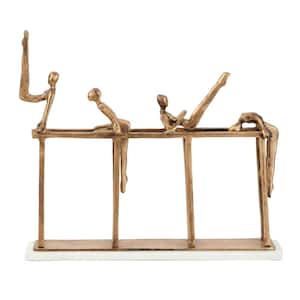 Modern 23 in. x 18 in. Metal Gymnastics Sculpture in Gold with Light Marble Rectangular Base,