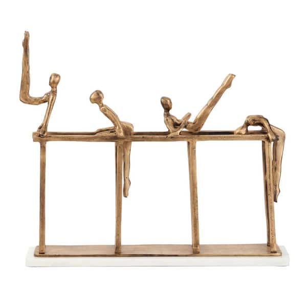 Litton Lane Modern 23 in. x 18 in. Metal Gymnastics Sculpture in Gold with Light Marble Rectangular Base,